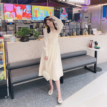 DOLLY Elegant V-Neck Long Lantern Sleeve Long Button Church Dress-NANA