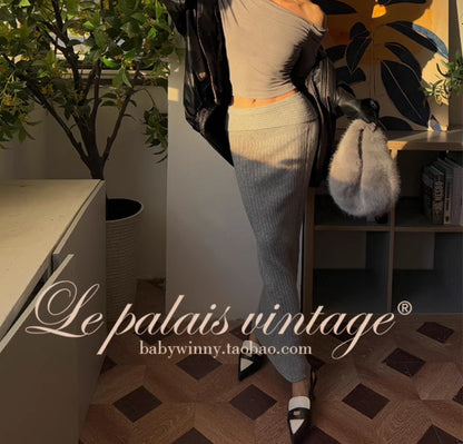 Le Palais Vintage Autumn/Winter Gray Wool Knit Wrap Long Skirt-FERA