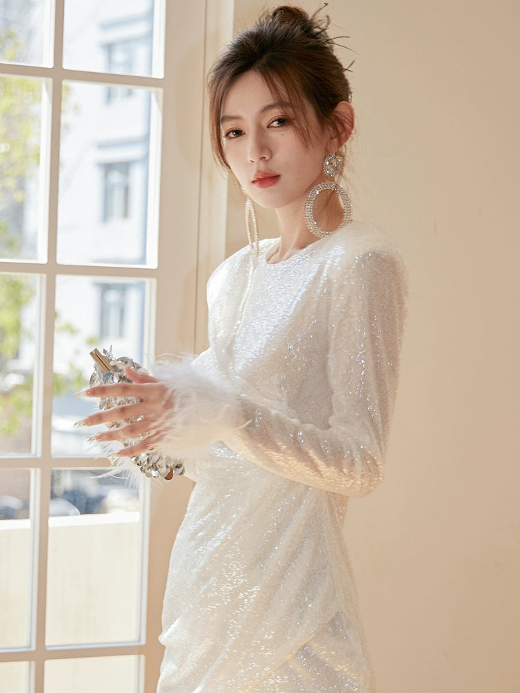 DOLLY Elegant White Crew Neck Long Sleeve Short Sequin Sexy Birthday Dress-LAYLA