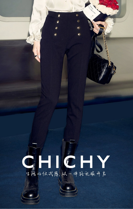 CHICHY French high-end narrow black slim small leg long pants-MIZU