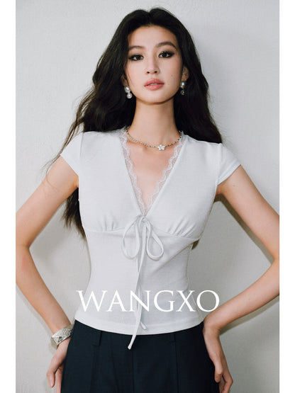 WANGXO | Sparkling Silk High-Density Knit Hand-Shaped Lace Detail V-Neck Slim Fit Top -NOYA