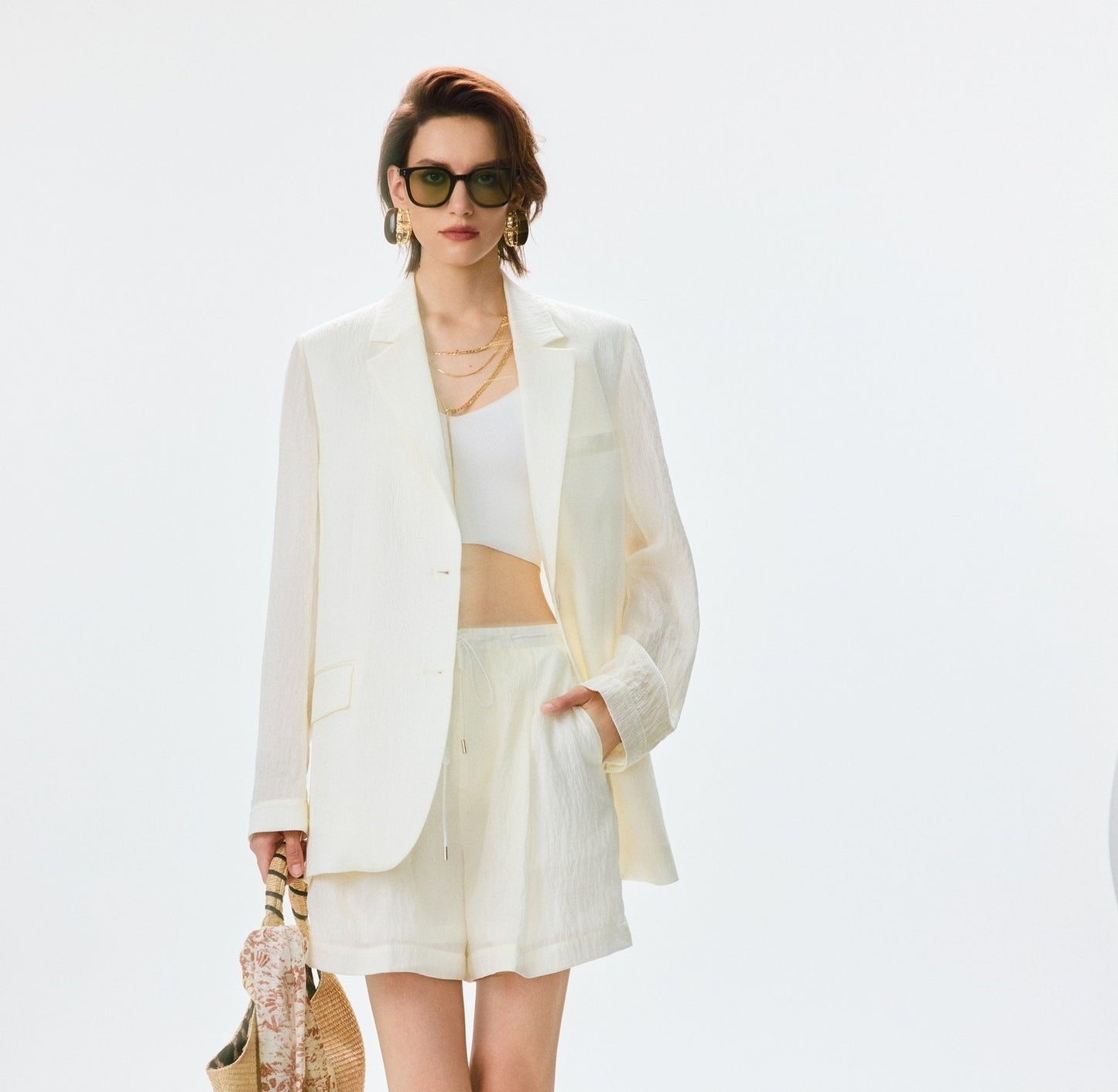 ANNASPEAK pearl gloss texture suit drawstring shorts-GRANS.