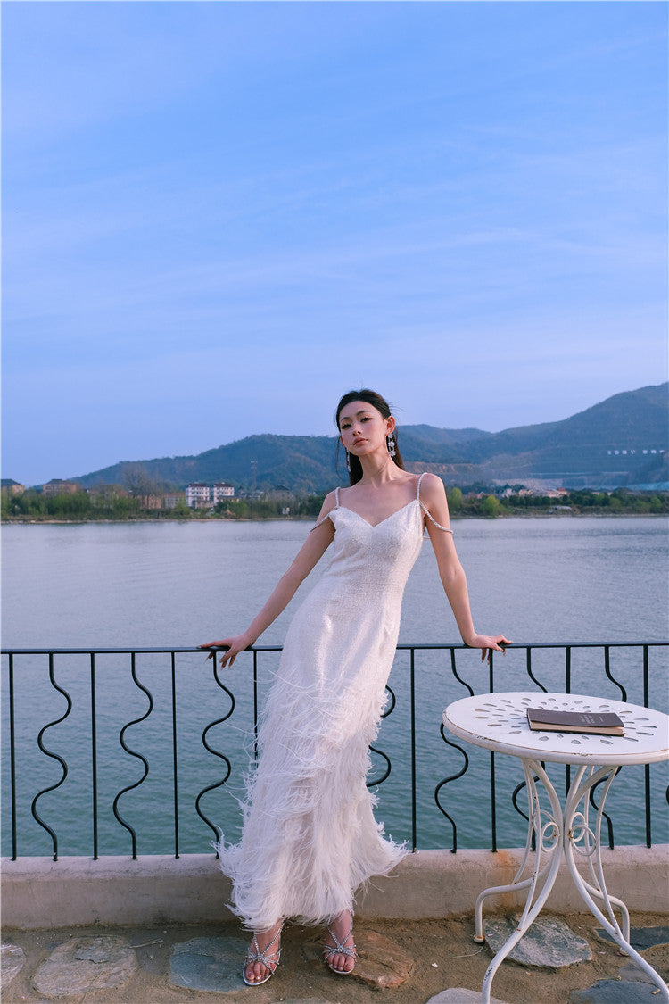 Wardrobes by Chen Luxury White V-Neck Feather Engagement bridal Dress-Destiny M / White Wardrobes by Chen Luxury White V-Neck Feather Engagement bridal Dress-Destiny M / White