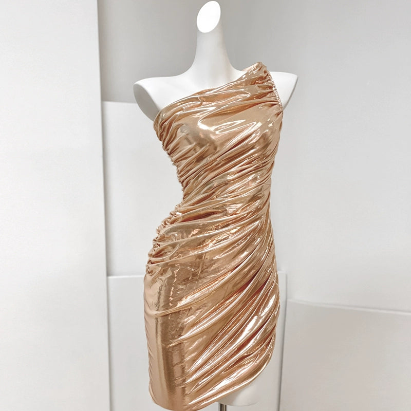 DOLLY Gold Slant Collar Off Shoulder Pleated Body Hug Midi Dinner Dress-AURELIA