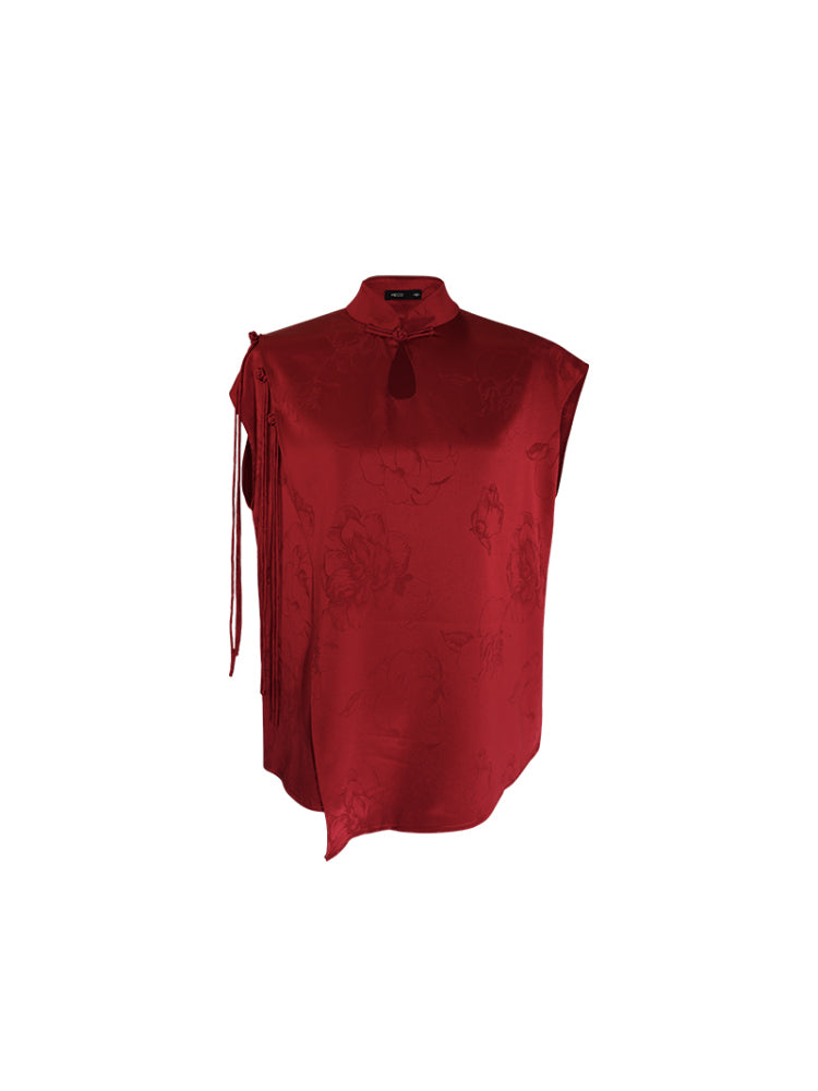 HECO Chinese Peony Buckle Short Sleeve Acetate Tassel Top - TEACH .