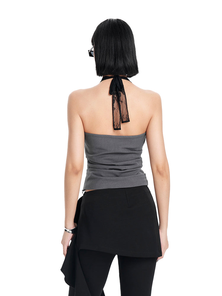 TINY IN  irregular sexy lace spliced gray halter neck top-FLORA
