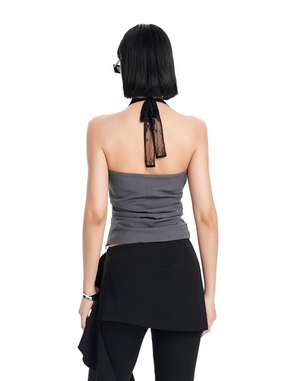 TINY IN  irregular sexy lace spliced gray halter neck top-FLORA