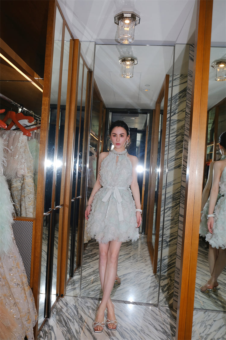 Wardrobes by Chen Luxury Pastel Green Ribbon Floral wedding guest bridal Dress-Onna