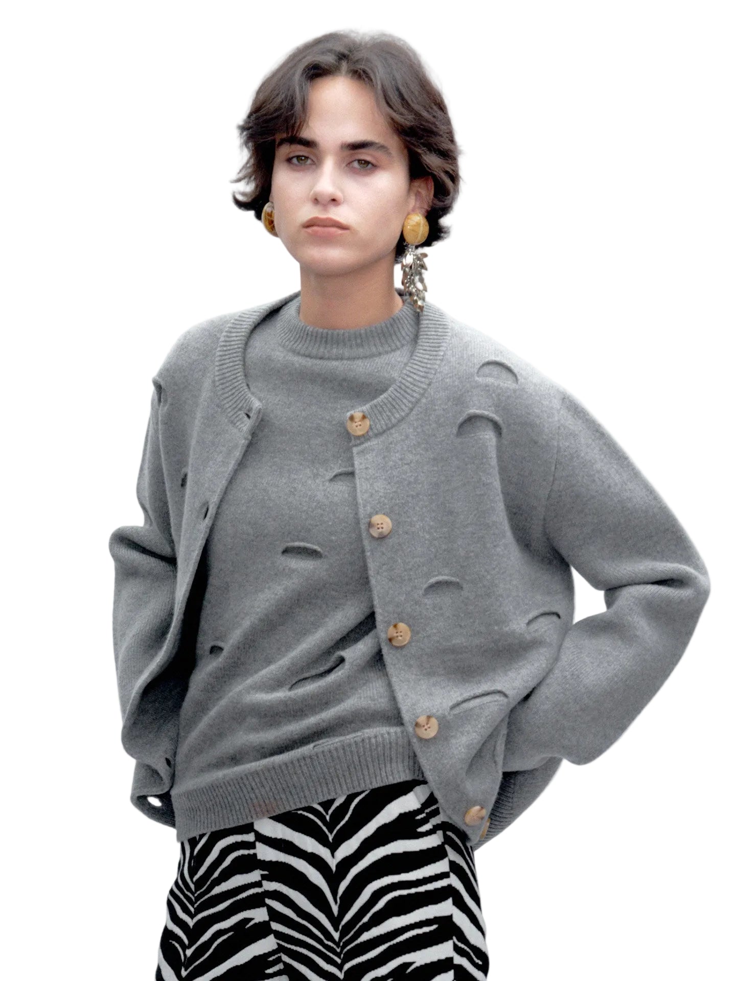 JACQUES WEI Ripped Design Merino Wool Crewneck Cardigan Jacket - ICON