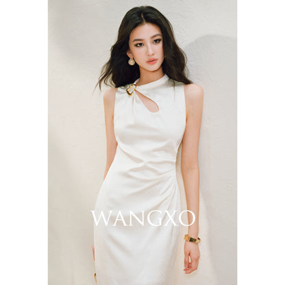 WANGXO |Water Drop Cutout, Custom Pin & Pinch-Pleated Sleeveless Dress- SENA