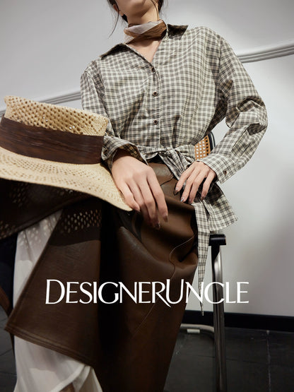 DGU|Coffee knitted sweater new plaid Korean design waist slimming long-sleeved top - STAND.