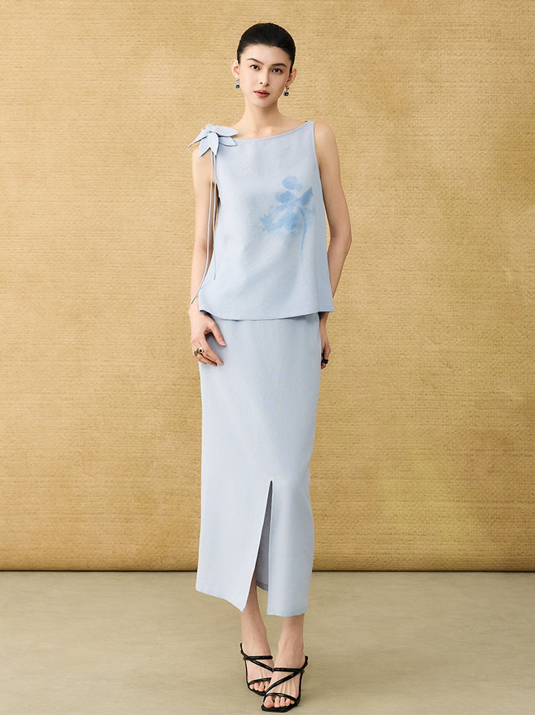 HECO  Chinese style pin small flower linen top breathable elegant vest - POWER.