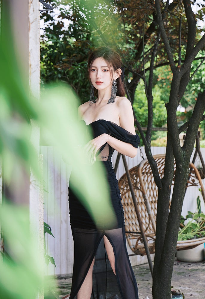 DOLLY Elegant Black Off Shoulder Short Sleeve Hollow Waist Mesh Long Dress-ALETTE