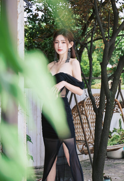 DOLLY Elegant Black Off Shoulder Short Sleeve Hollow Waist Mesh Long Dress-ALETTE