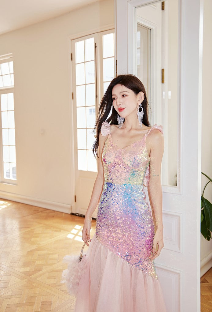 DOLLY Luxury Gradient Deep V-Neck Sleeveless Sequin Long Backless Party Dress-IVETTE