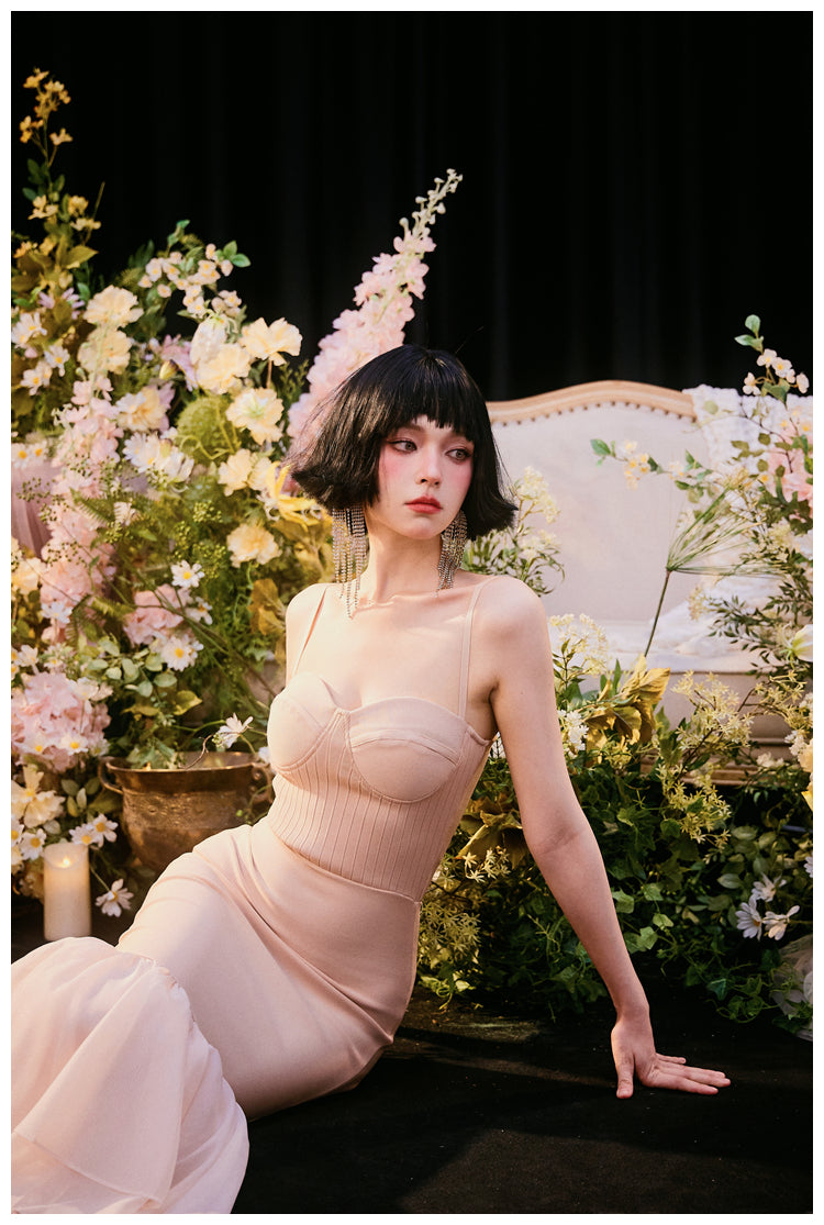 DOLLY Elegant Nude French Style Sleeveless Ruffle Fish Tail Dinner Dress-AMALIA