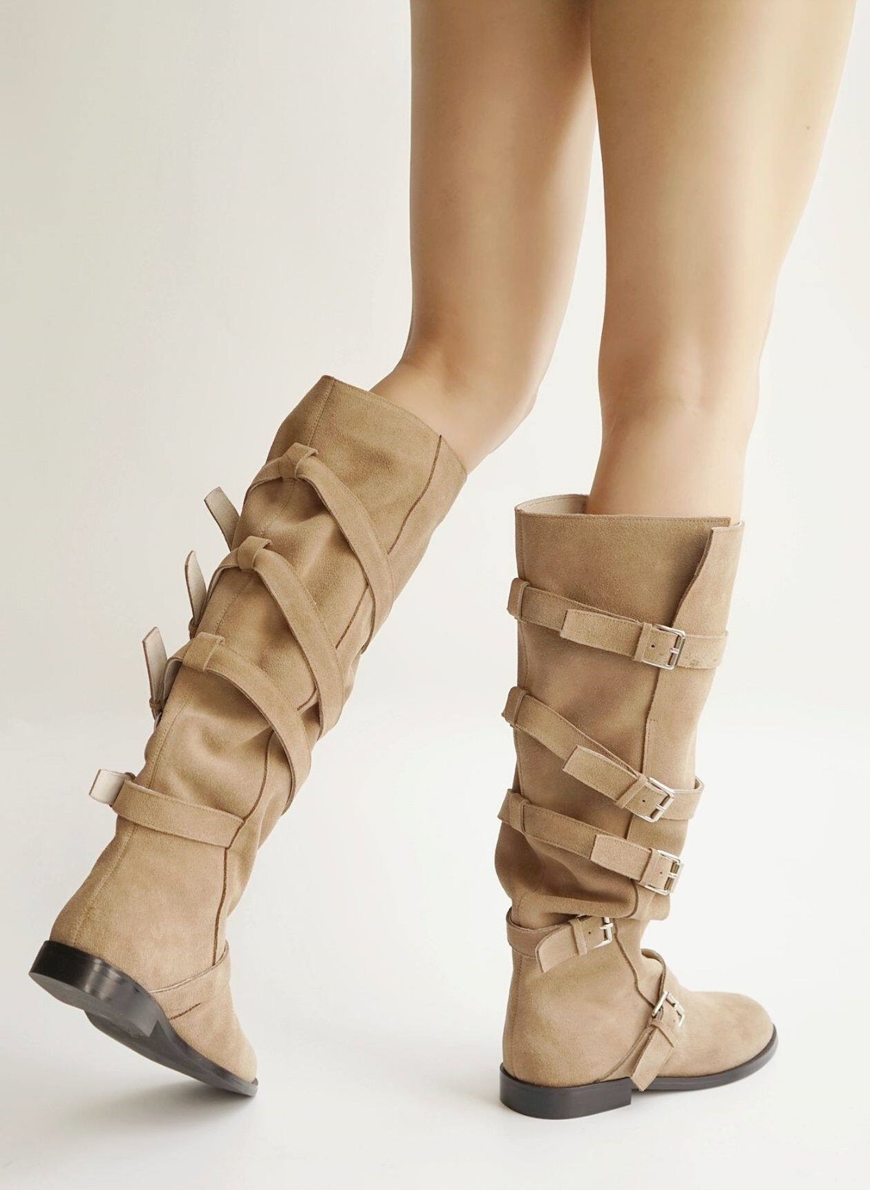B-FEI belt buckle high-top leather women's fashion boots.