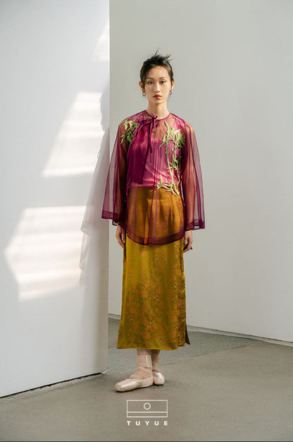 TUYUE Silk Jacquard Yellow Slit Slim Skirt - LANDON.