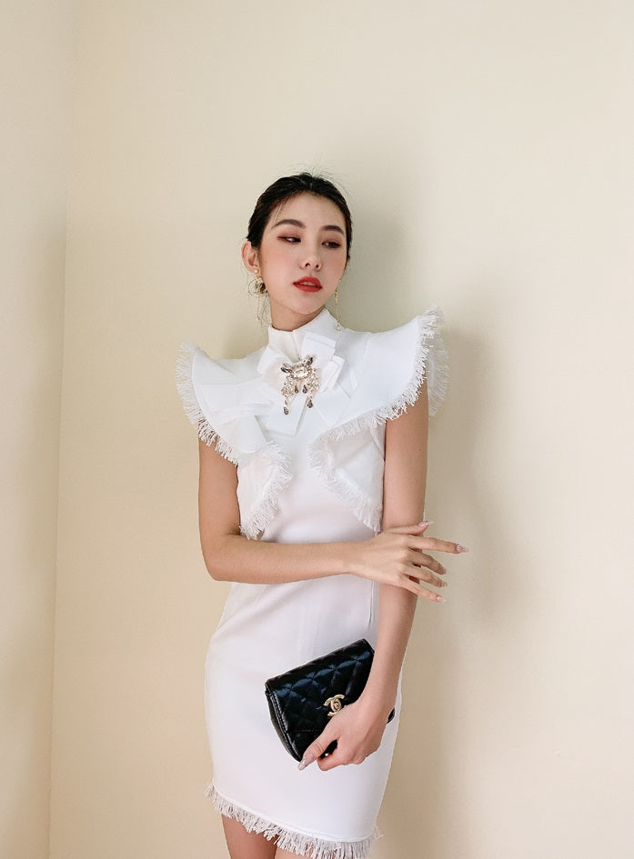 DOLLY Elegant White/Black Stand Collar Short Sleeve Slim Fit Short Fringe Dress-FRIYA