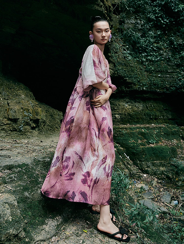 HECO Chinese Silk V-neck Dress Summer Elegant Floral Slim Long dress - GINE .