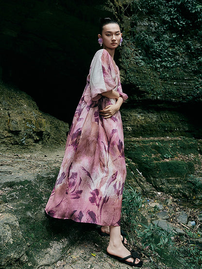 HECO Chinese Silk V-neck Dress Summer Elegant Floral Slim Long dress - GINE .