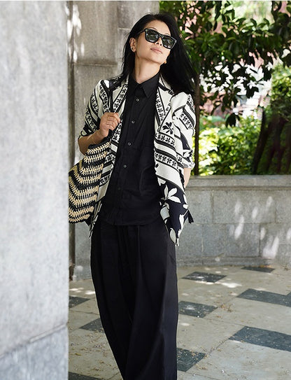 COMME MOI printed tassel black and white print waist suit  - AURORA.