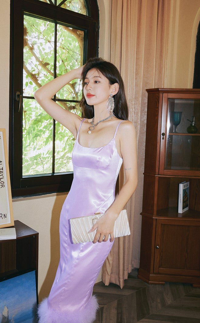 DOLLY Elegant Light Purple French Style Sleeveless Suspender Feather Party Dress-JOLENE