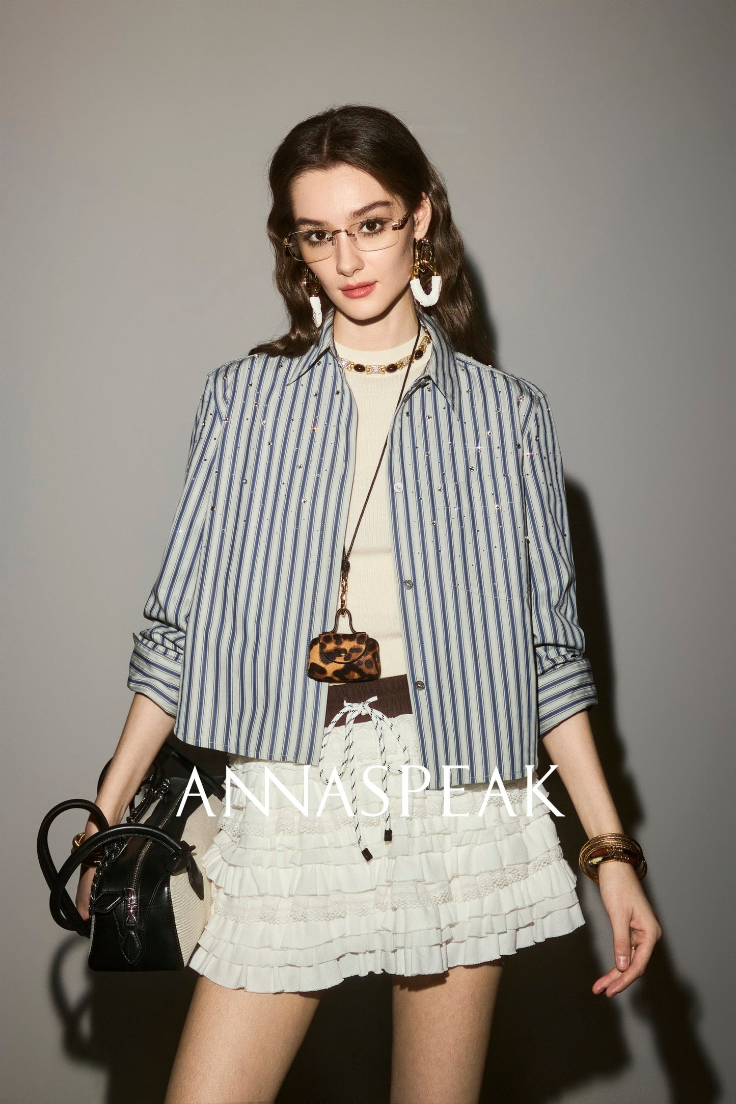 ANNASPEAK striped long staple cotton truncated shirt-QUEN.