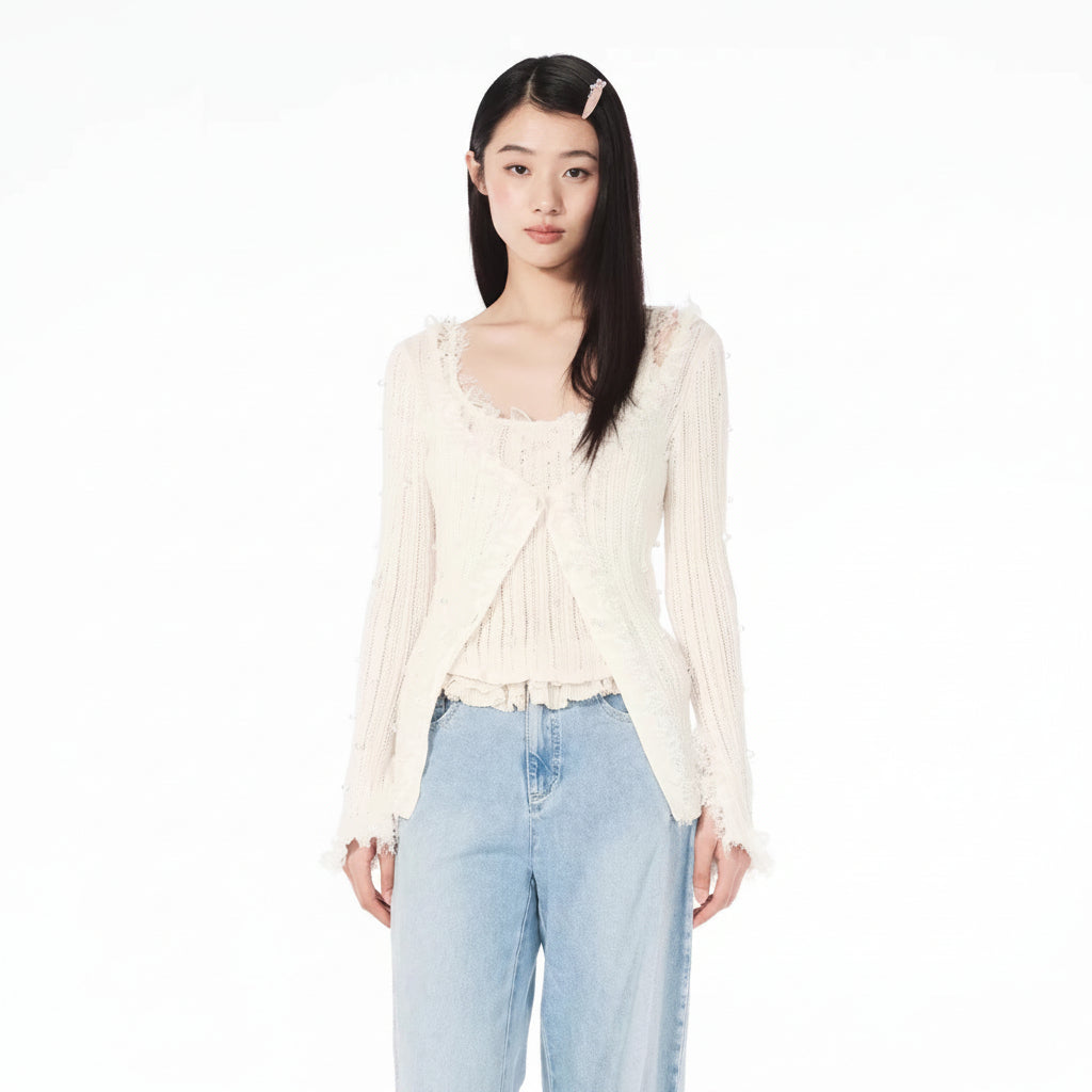 FAME Comfortable Fairy Lace Spliced Knitted Cardigan Top - MASON