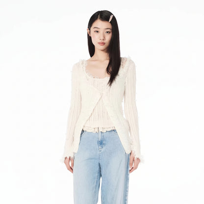 FAME Comfortable Fairy Lace Spliced Knitted Cardigan Top - MASON