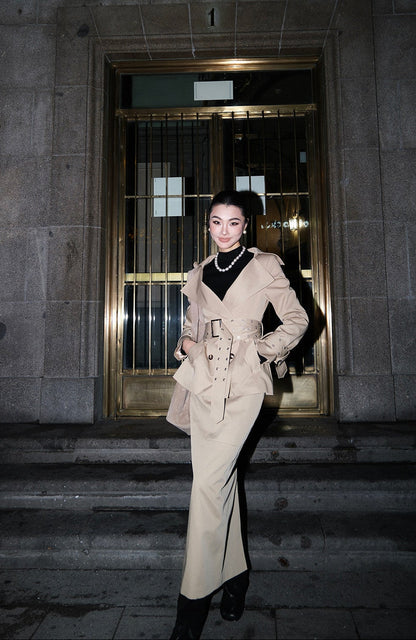 MEI SANGUAN Belted Trench & Long Straight Skirt Set - NATHAN
