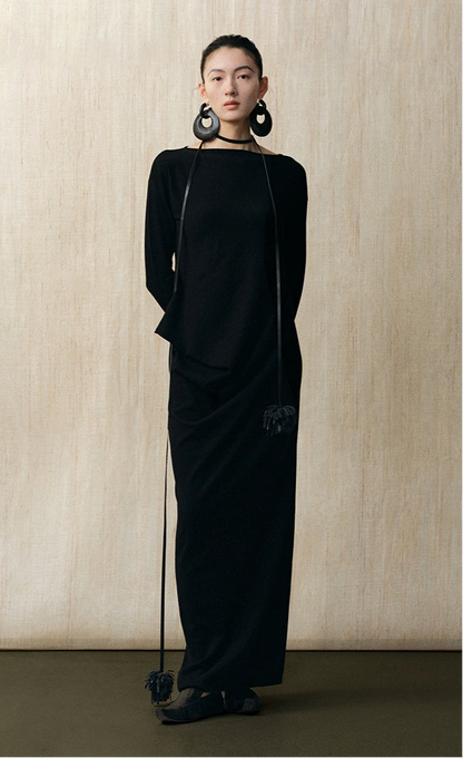ZHUCHONGYUN  black sheep wool slim long knitted dress--SIMI.