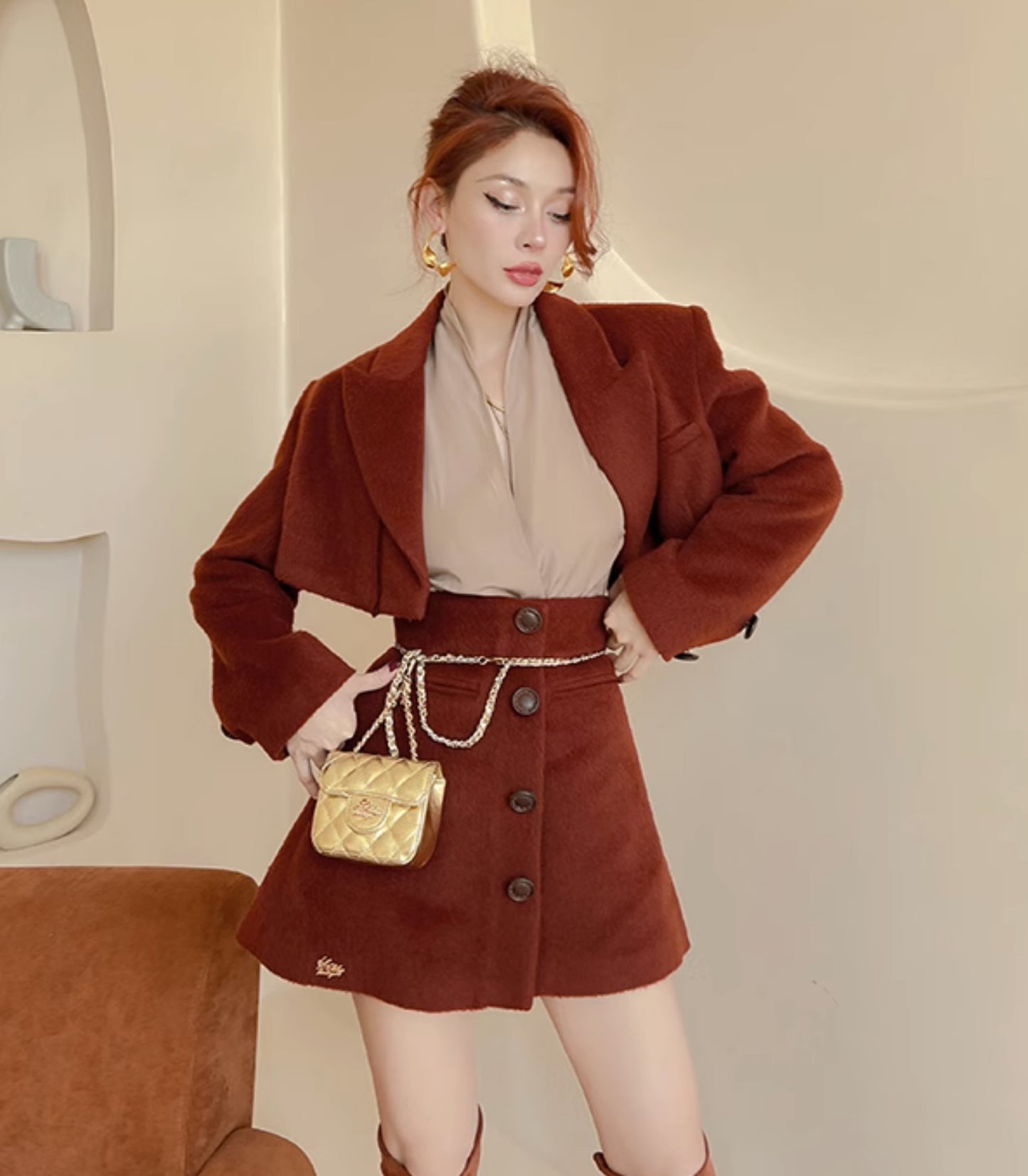Le palais vintage Merlard style tweed short jacket high-waisted A-line short skirt-LAIR.