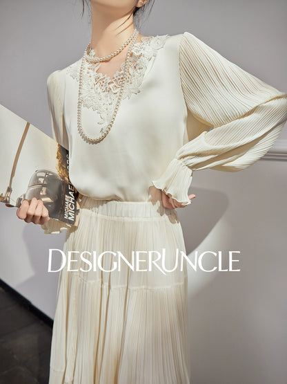 DGU| Beige New High-End Ruffled Lace Stitching Design Long-Sleeved Top - RUBY.