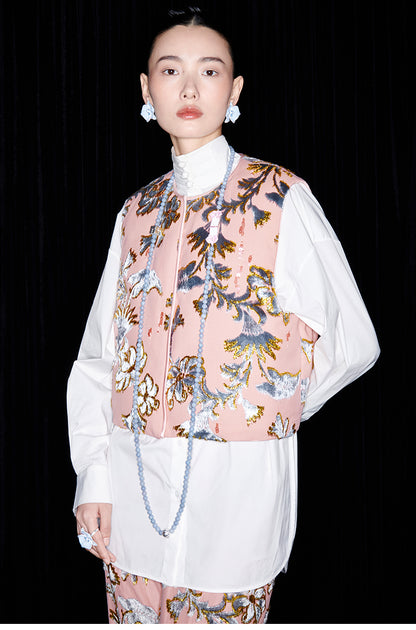 M essential Mackay designer blue velvet atelier beaded down vest - Nami.