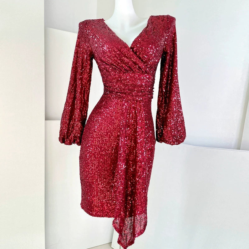 DOLLY Luxury Bright Sequin V-Neck Long Sleeve Short Irregular Hem Dress-WILLOW