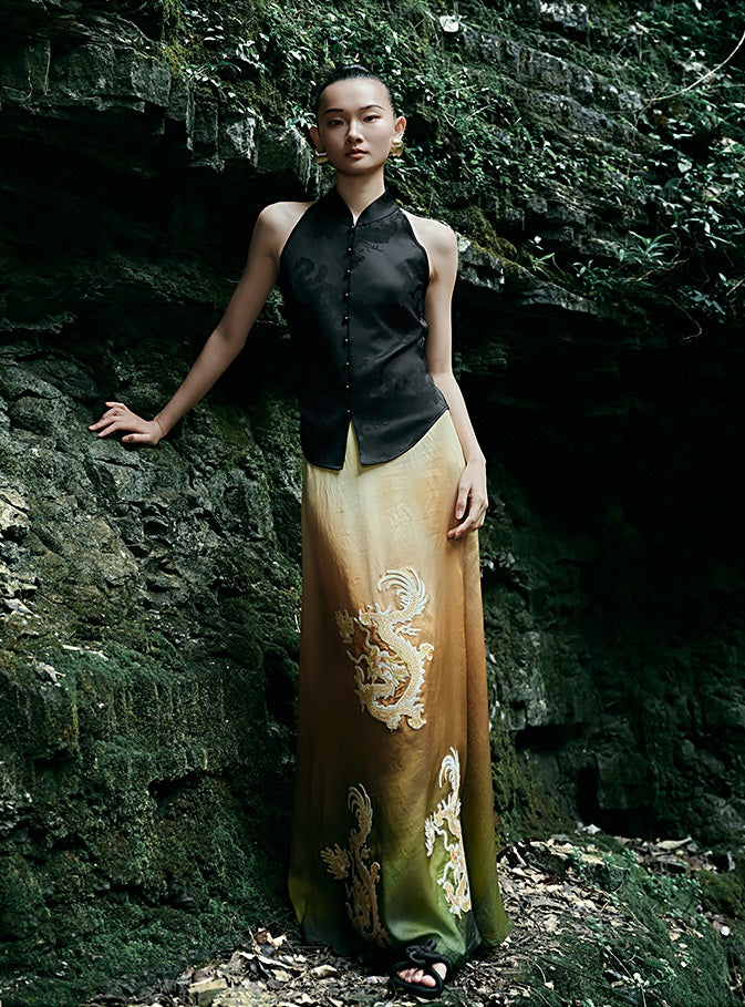 HECO Chinese blended gradient golden dragon embroidered straight skirt - RELY.