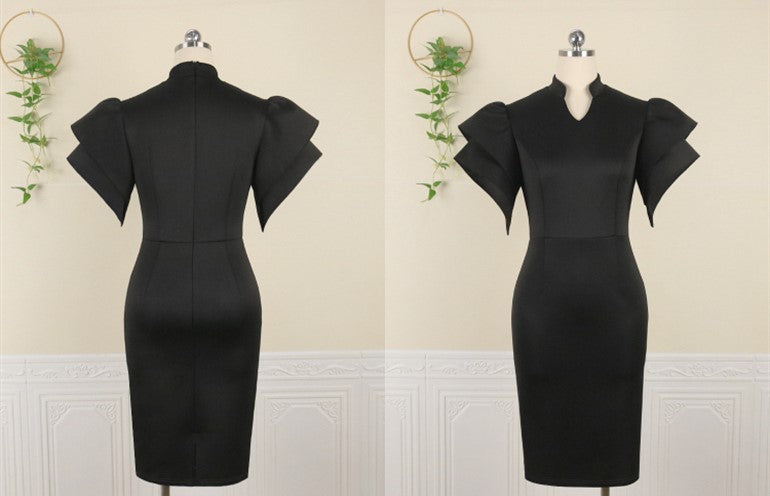 DOLLY Elegant French Style Black Stand Collar Short Sleeve Office Dress-MAMA
