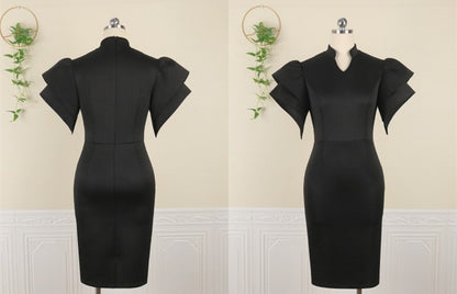 DOLLY Elegant French Style Black Stand Collar Short Sleeve Office Dress-MAMA