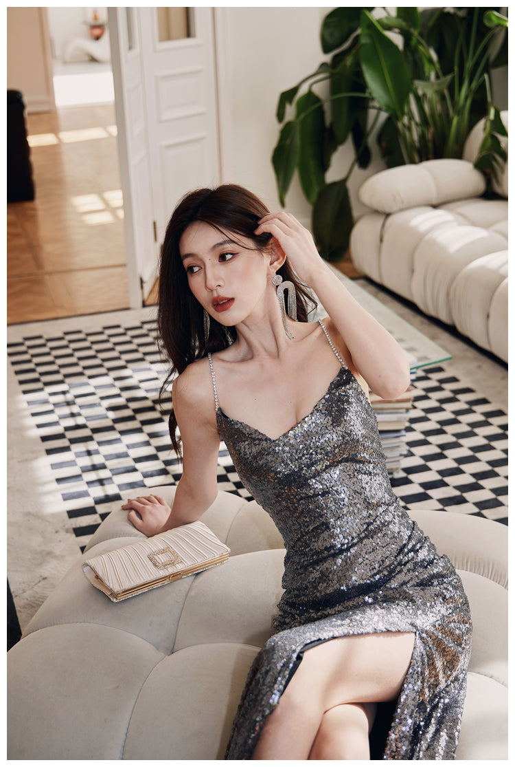 DOLLY High End V-Neck Sleeveless Long Slit Sequin Body Hug Evening Dress-KIM