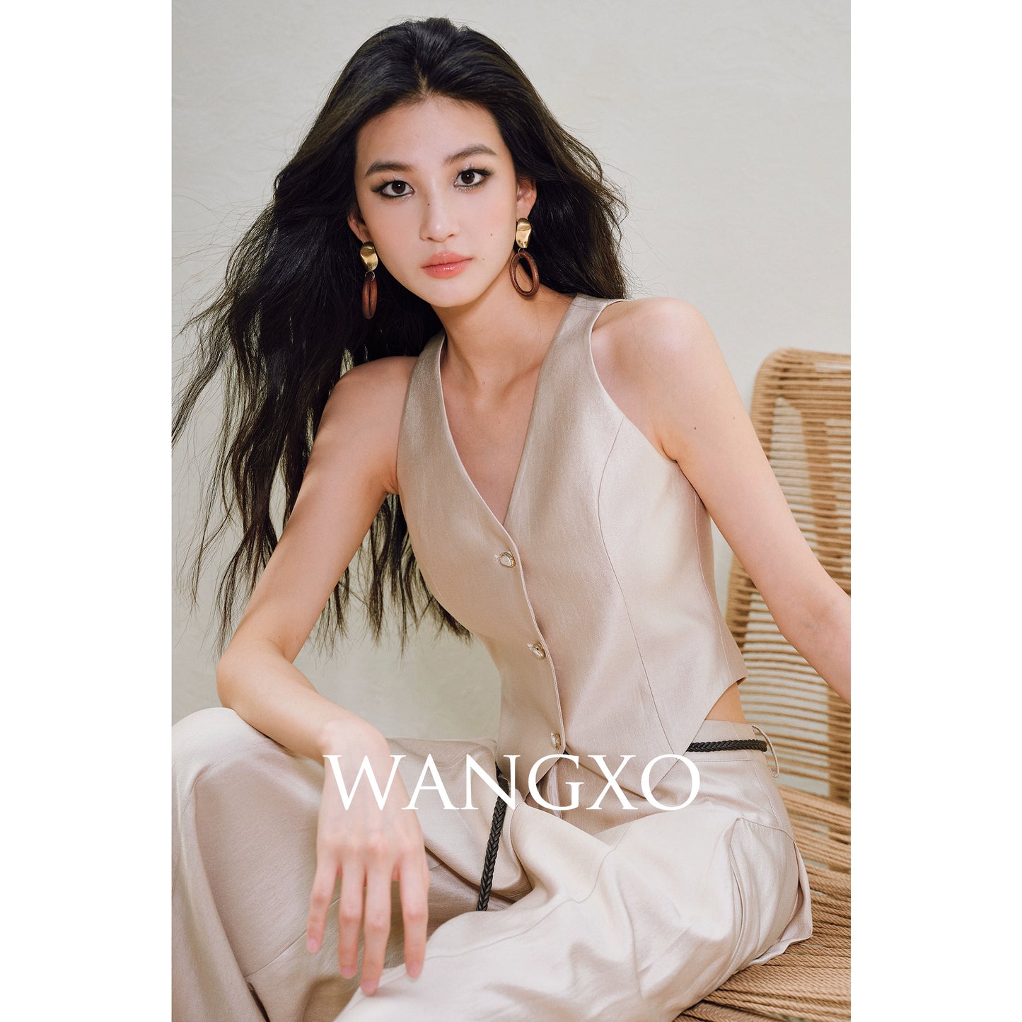 WANGXO | Silk Brocade Shaved Shoulder Vest Top & Tailored Pants Set  -NOOR