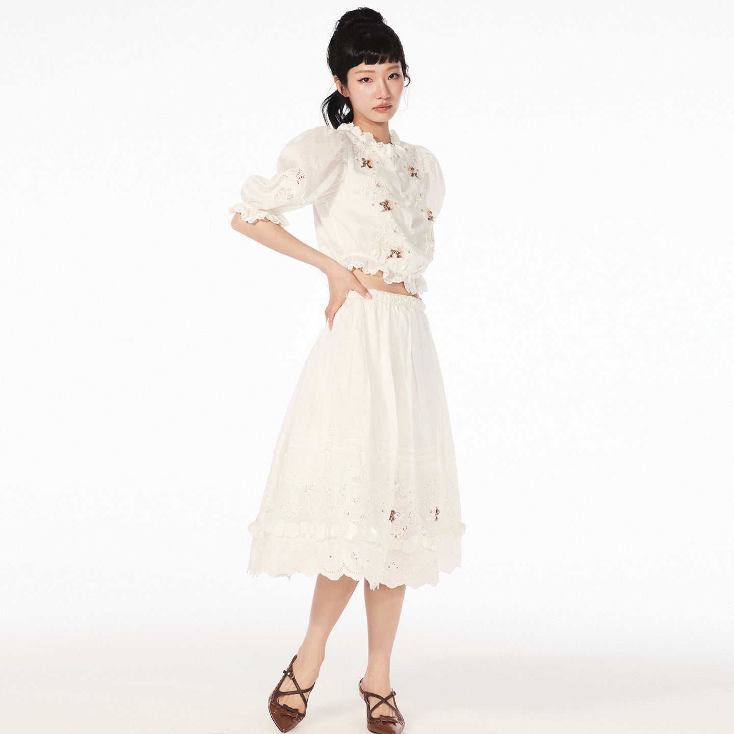 FAME rococo embroidered beaded short-sleeved temperament top - LIAM