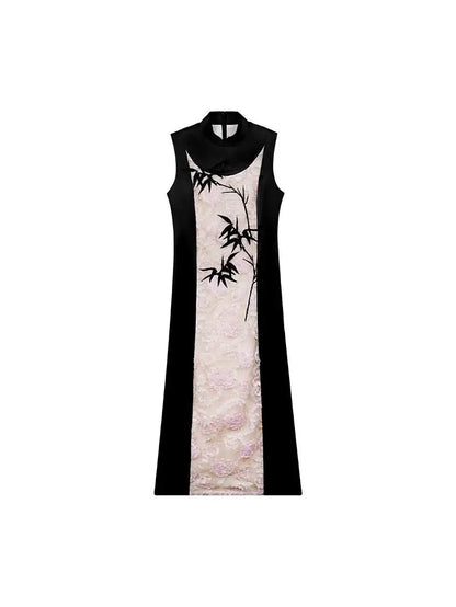 HECO Embroidered Acetate Cheongsam Sleeveless Midi Dress - what.