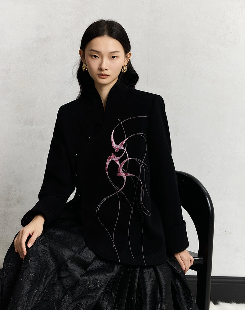 HECO Swallow embroidery tweed black Jacket Women - sinc.