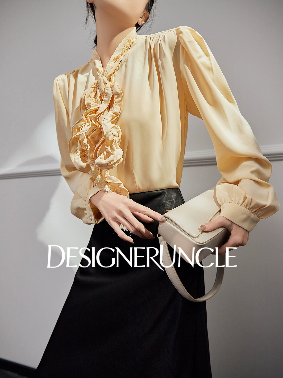 DGU "Euphemism" goose yellow shirt commuter ruffle slimming versatile top - LOVER.