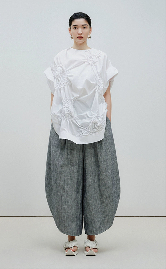 ZHUCHONGYUN Jacquard cotton linen belted loose cocoon pants-ARATAKA.