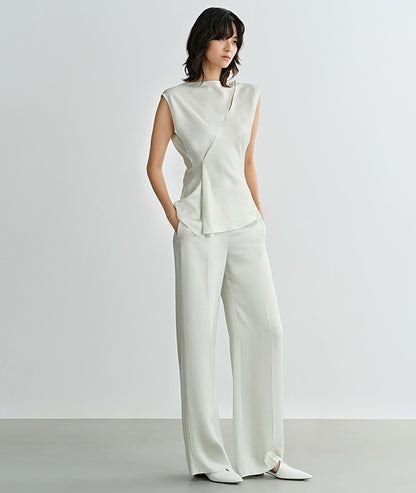 COMME MOI Oblique Shoulder Cutout Acetate Cap Sleeve Green Shirt - SUN.