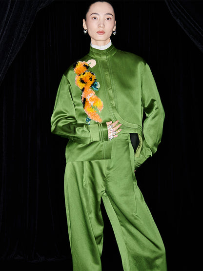 M essential Mackay designer green raffia embroidered jacket pant set - jan.