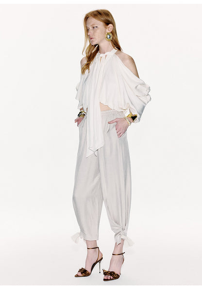 ATELIER MISS LU Draped Off-the-Shoulder Streamers Acetate Top - ATTERY