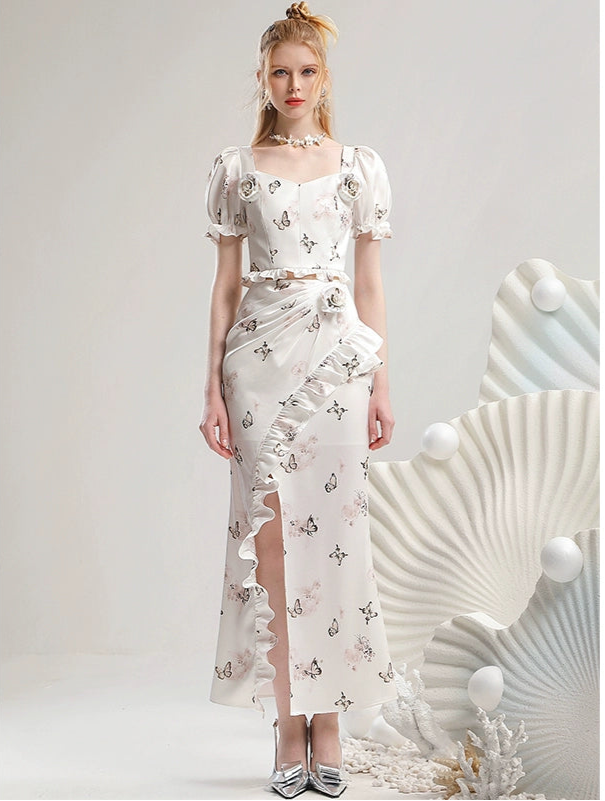 CHECOCRE Three-dimensional Flower White Printed Short Sleeve Suit Dress - GRAYSON.